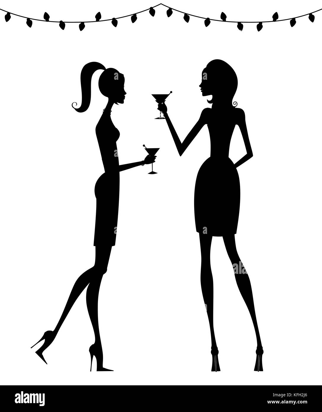 Silhouettes of two chic women having cocktails under party lights isolated on white Stock Photo