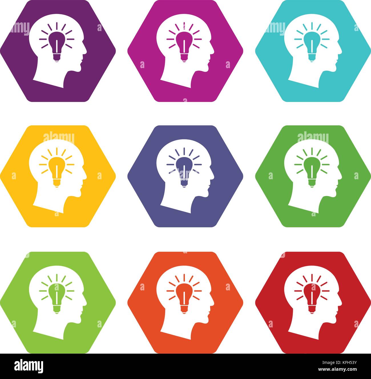 Light bulb inside head icon set color hexahedron Stock Vector Image ...