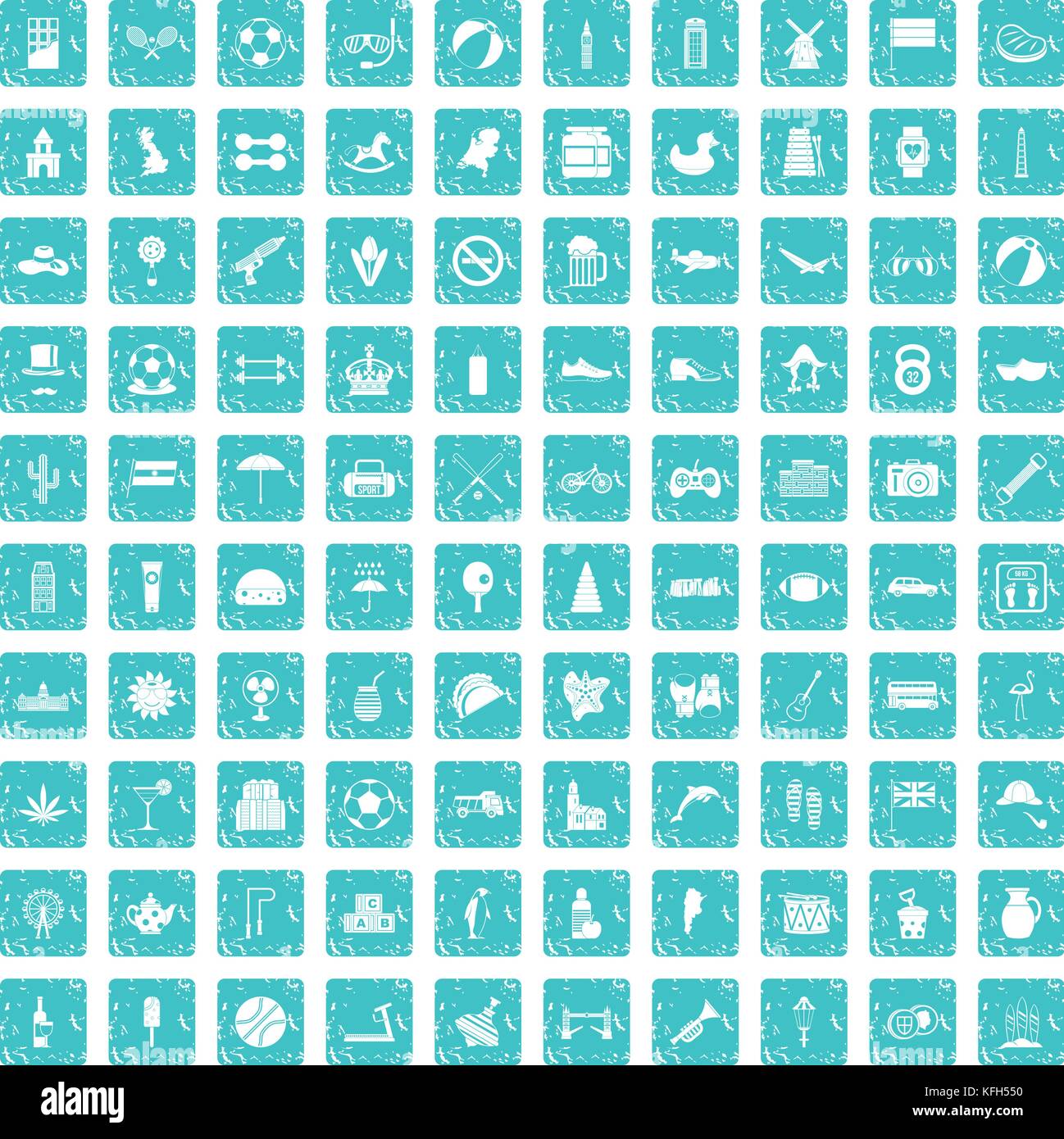 100 ball icons set grunge blue Stock Vector