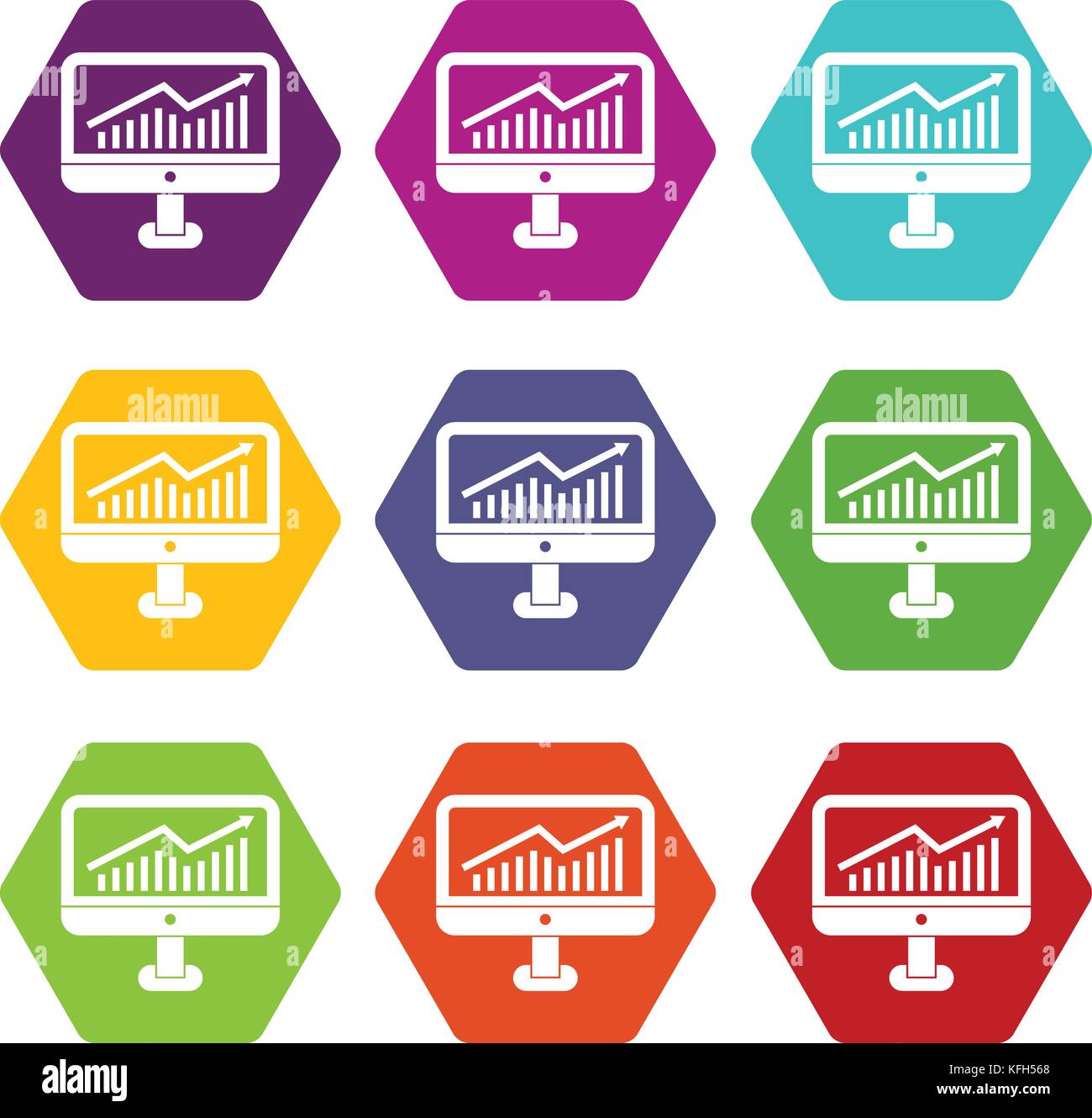 Growth graph on the computer monitor icon set color hexahedron Stock ...