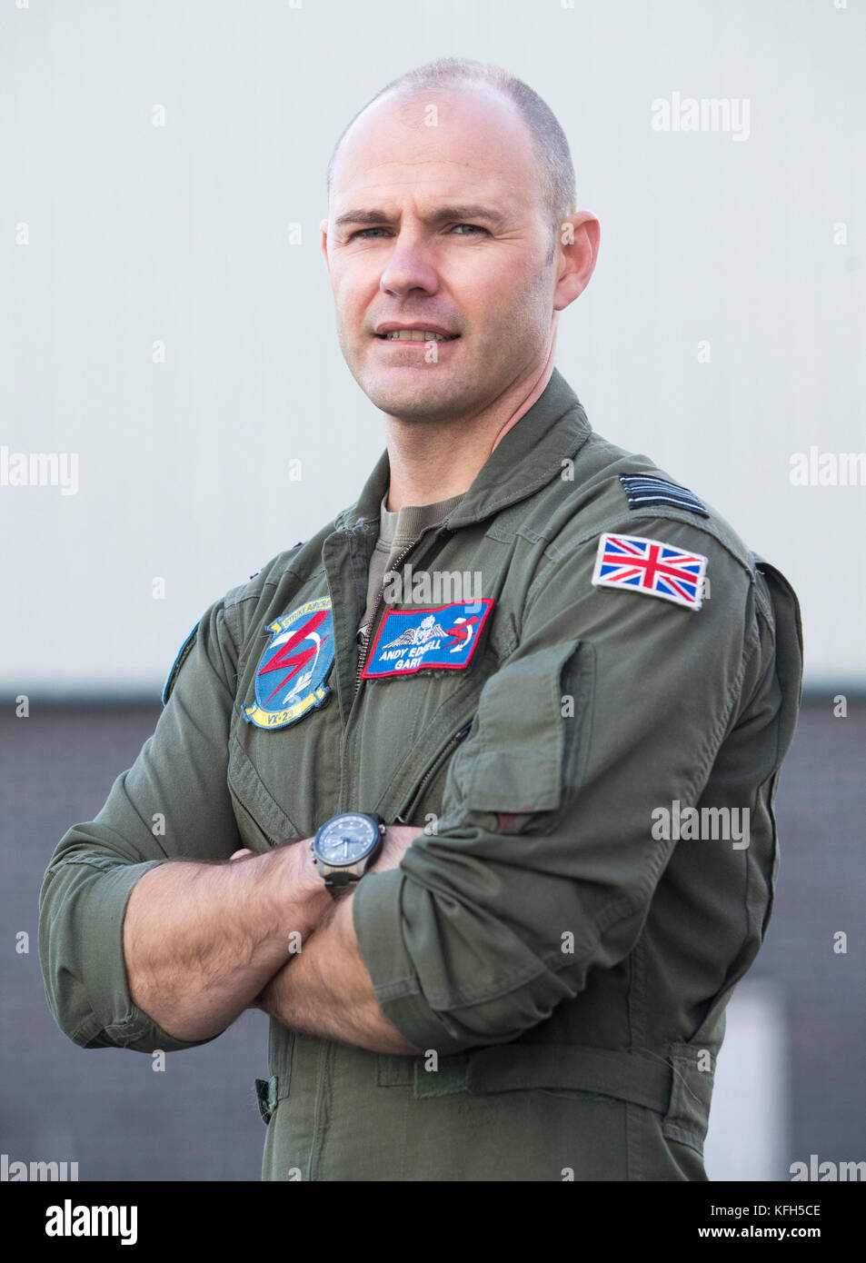 Royal Air Force Squadron Leader Andy Edgell, the UK's lead test pilot, at BAE Systems in Warton, Lancashire. Stock Photo