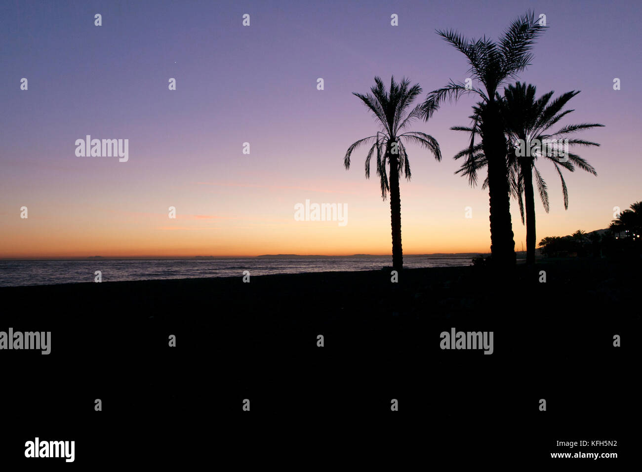 Spectacular sunset view over Marbella sea with palm trees back light silhouettes. Stock Photo