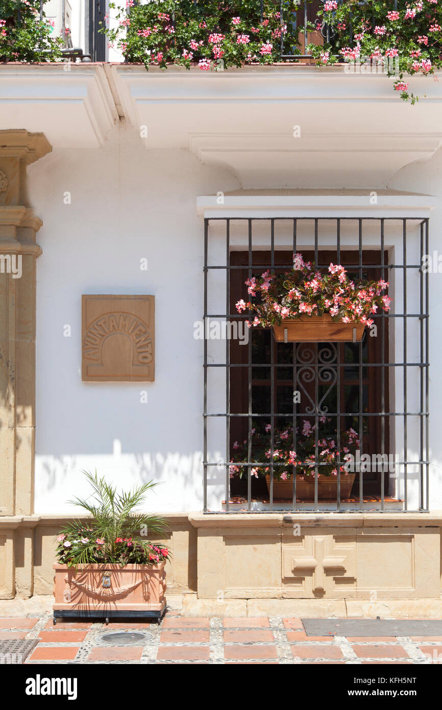 Town Hall sing by one of the windows of Marbella City Council. Stock Photo