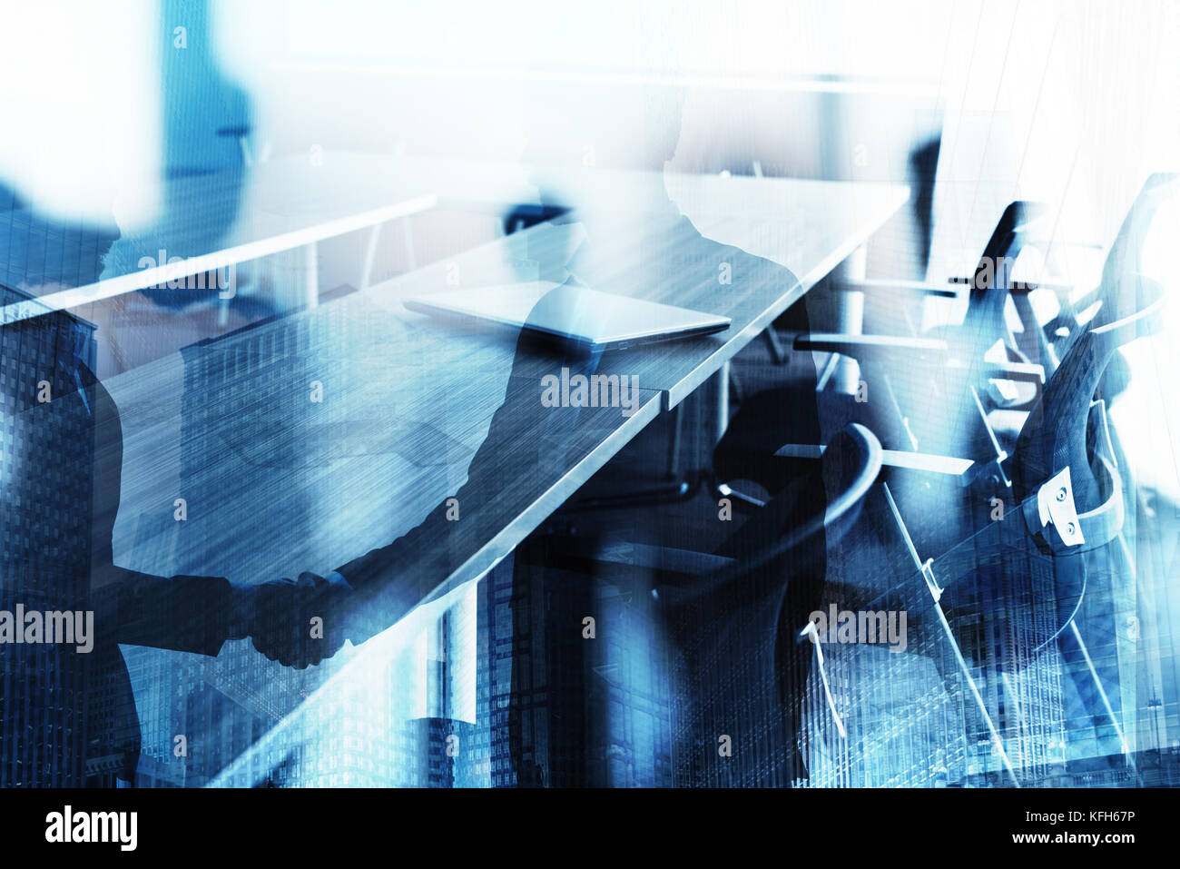 Abstract business handshake background with meeting room. Concept of ...