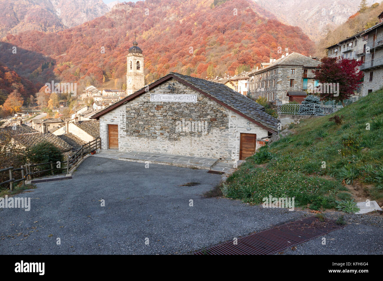 Piedicavallo, Italy - October 20, 2017: Rustic alpine theatre  of Piedicavallo village in the autumn season between the Italian Alps Stock Photo