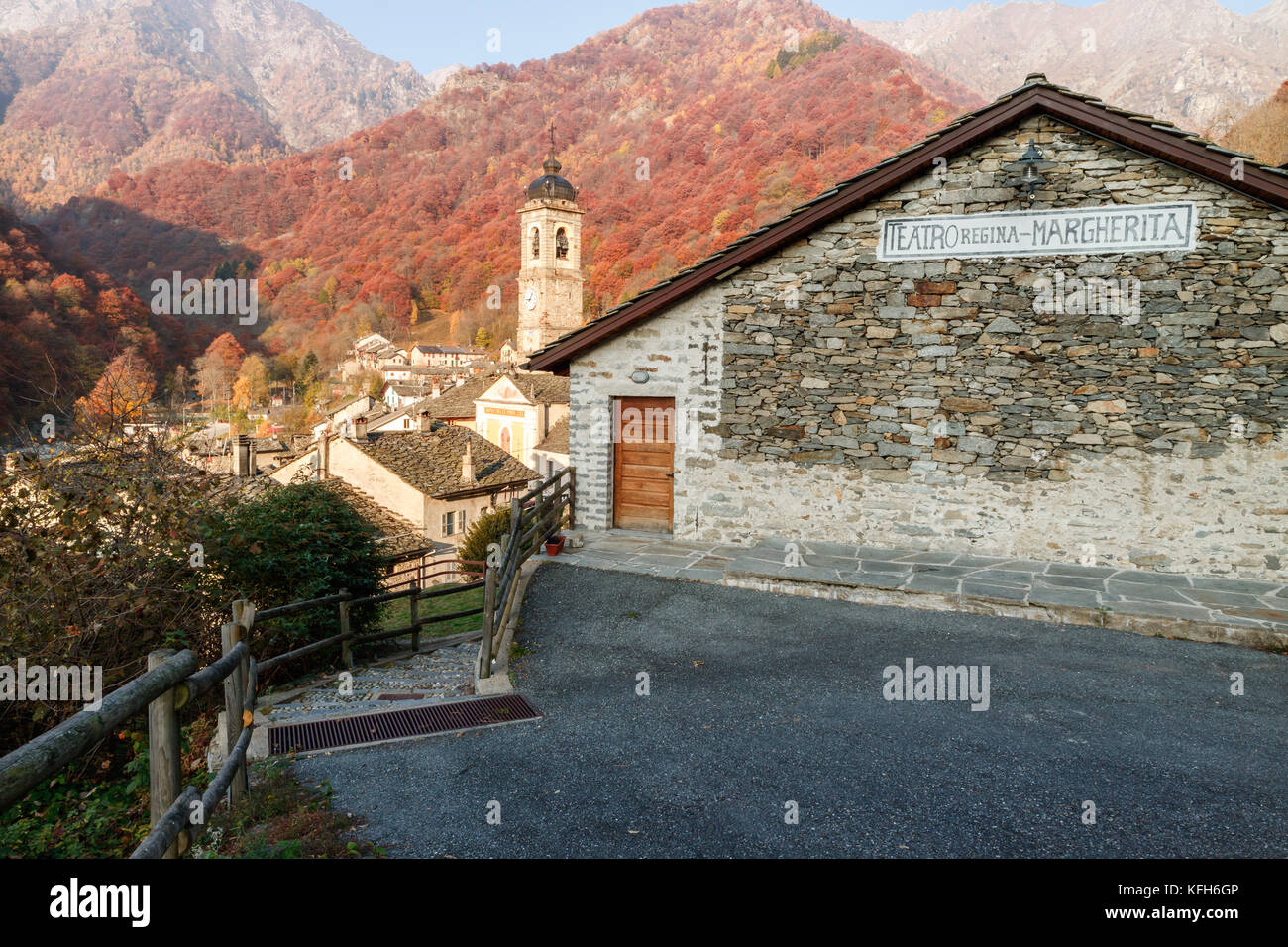 Piedicavallo, Italy - October 20, 2017: Rustic alpine theatre  of Piedicavallo village in the autumn season between the Italian Alps Stock Photo