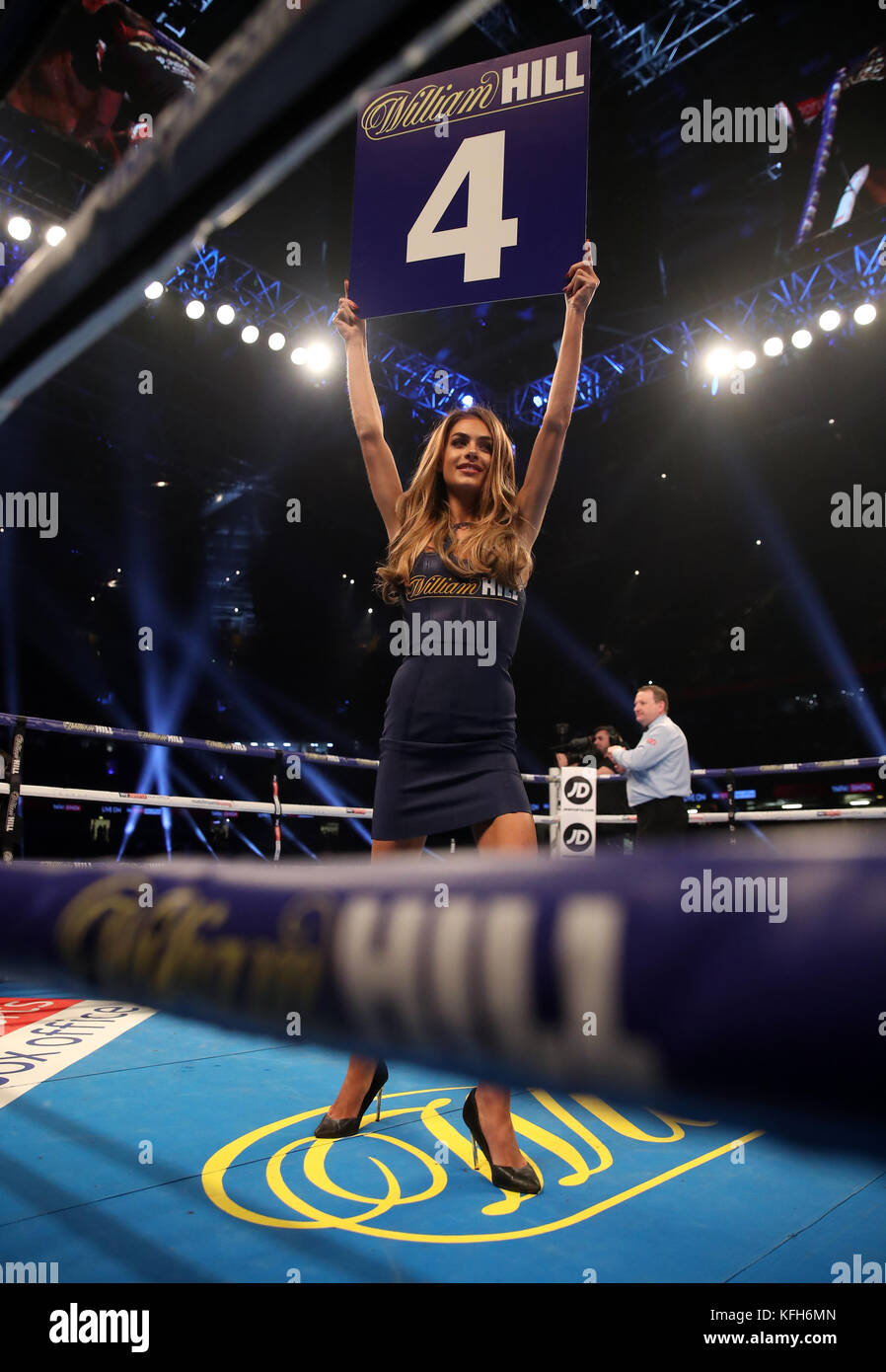 A William Hill Ring Girl at the Principality Stadium, Cardiff. PRESS ASSOCIATION Photo. Picture date: Saturday October 28, 2017. See PA story BOXING Cardiff. Photo credit should read: Nick Potts/PA Wire Stock Photo