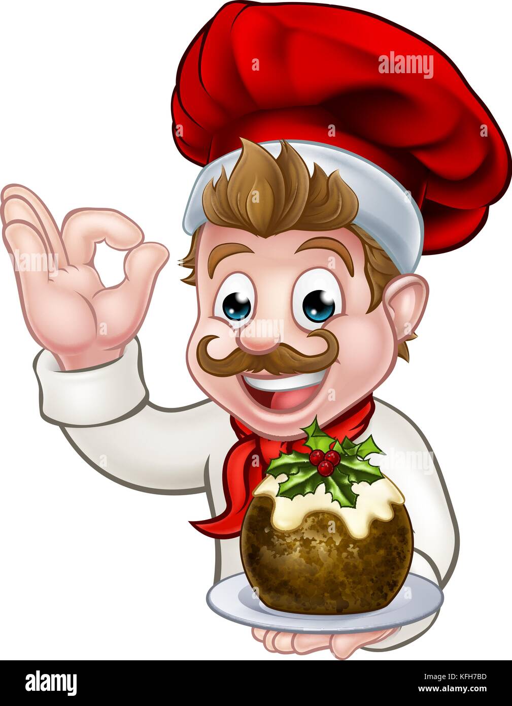 Chef in Christmas Hat Holding Pudding Stock Vector