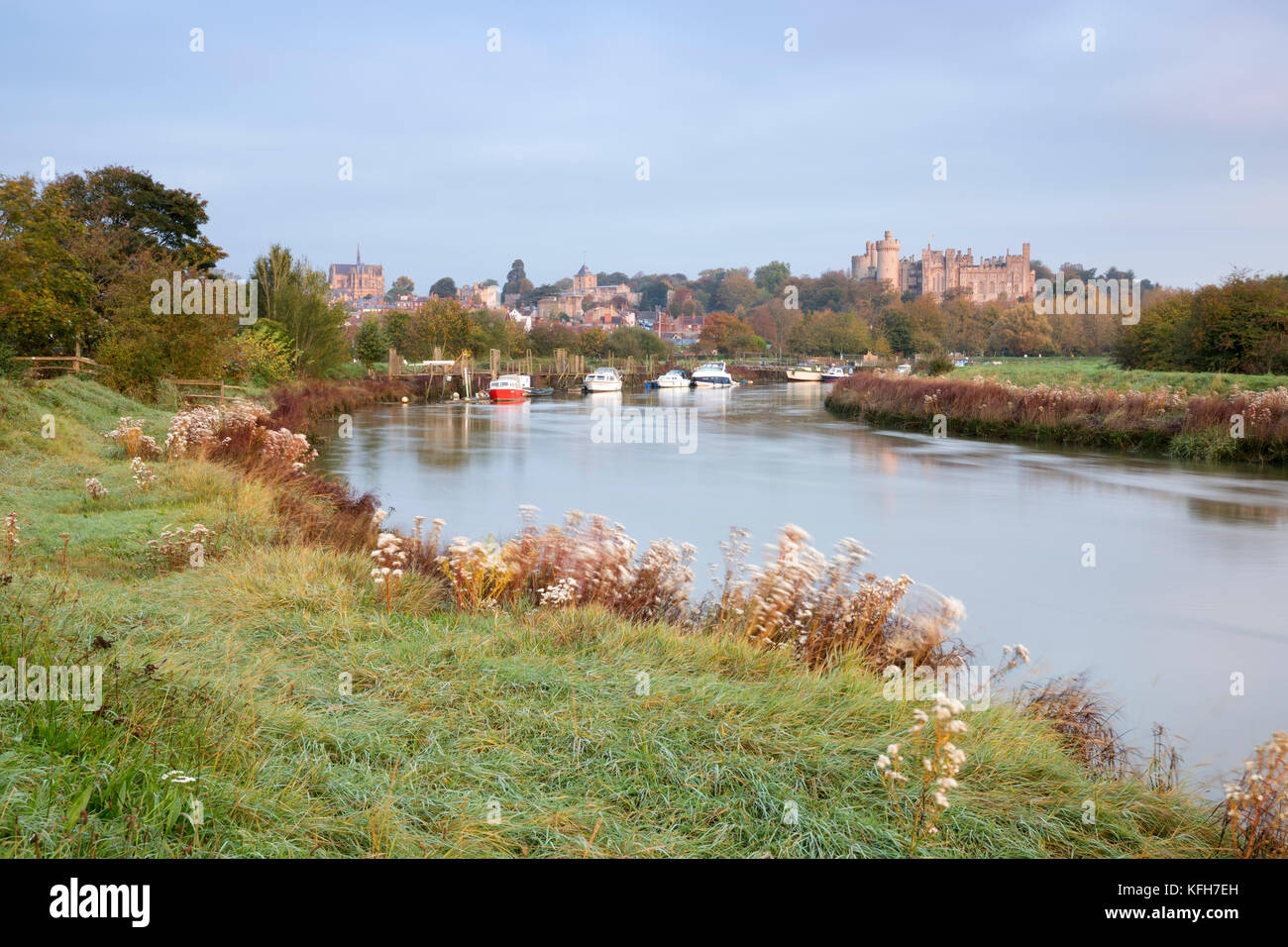 Arundel Castle on the River Arun at sunrise in autumn, Arundel, West Sussex, England, United Kingdom, Europe Stock Photo