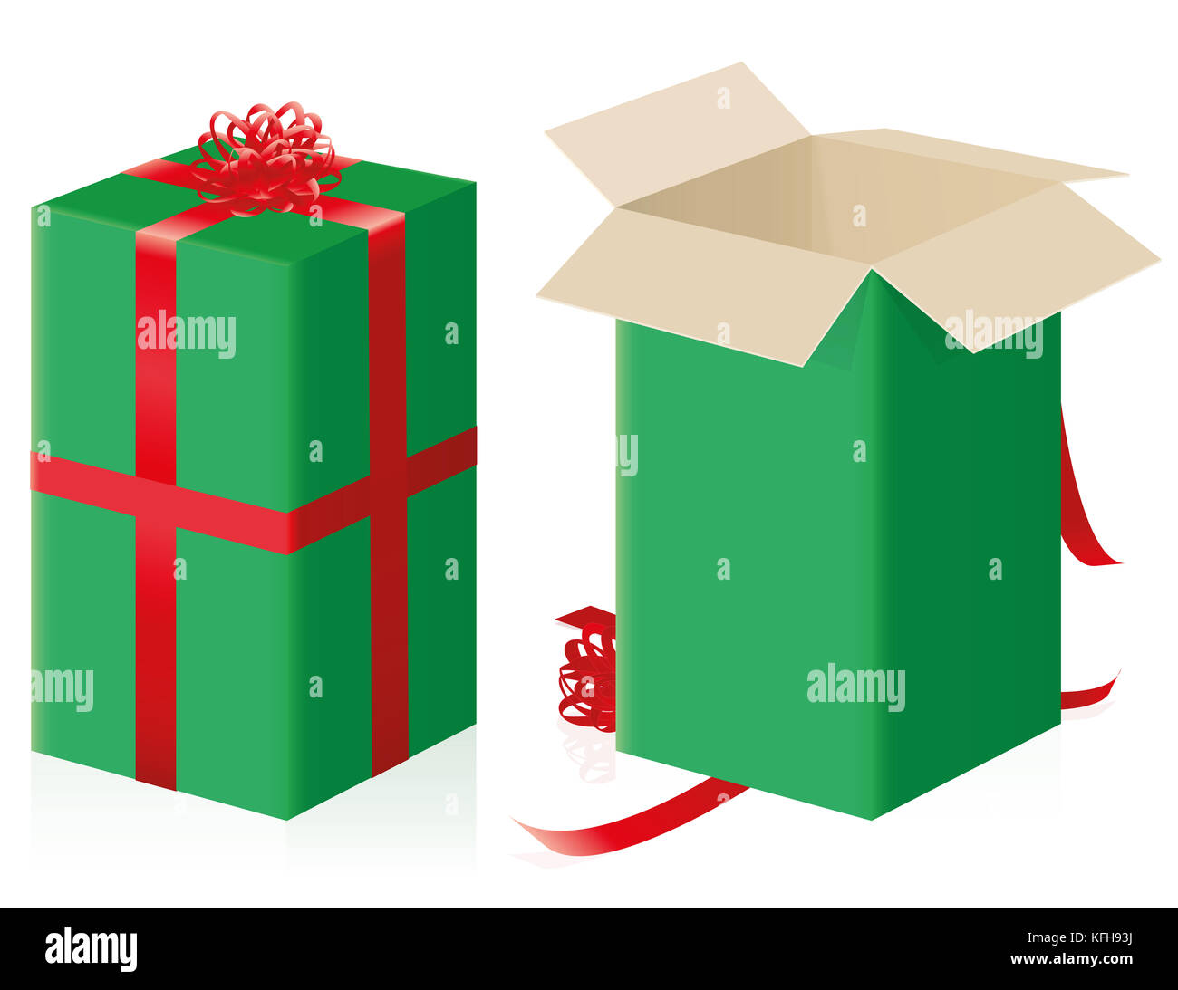 Closed an opened gift package - high size parcel with green wrapping paper and red ribbons - illustration on white background. Stock Photo
