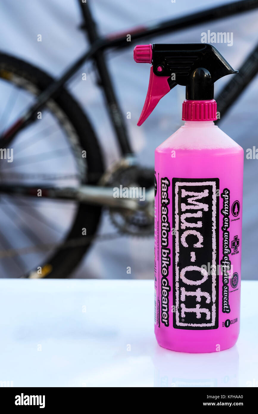 Muc off bicycle cleaning and lubricating products, mountain bike. Stock Photo