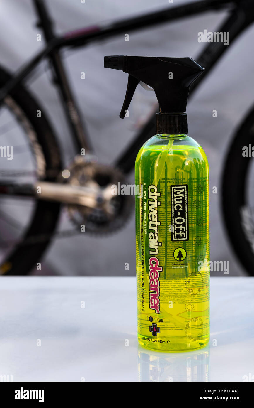 Muc off bicycle cleaning and lubricating products, mountain bike. Stock Photo