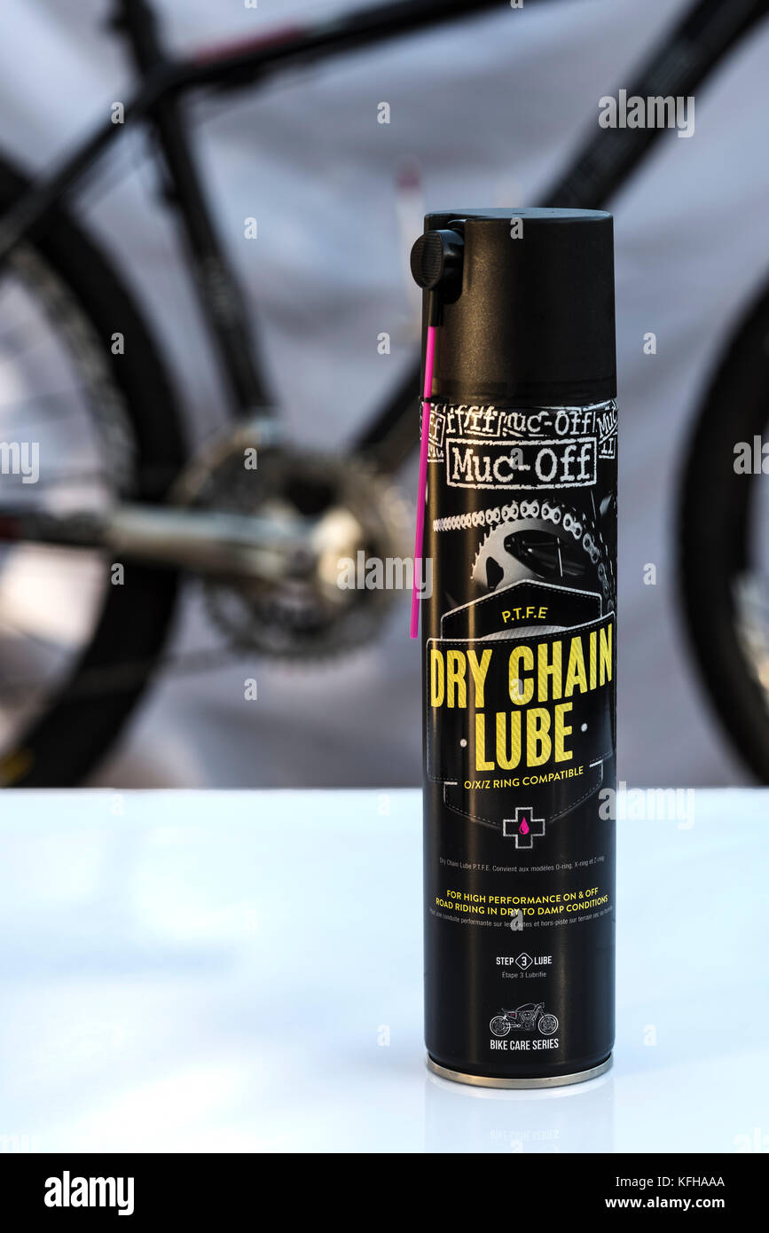 Muc off bicycle cleaning and lubricating products, mountain bike. Stock Photo