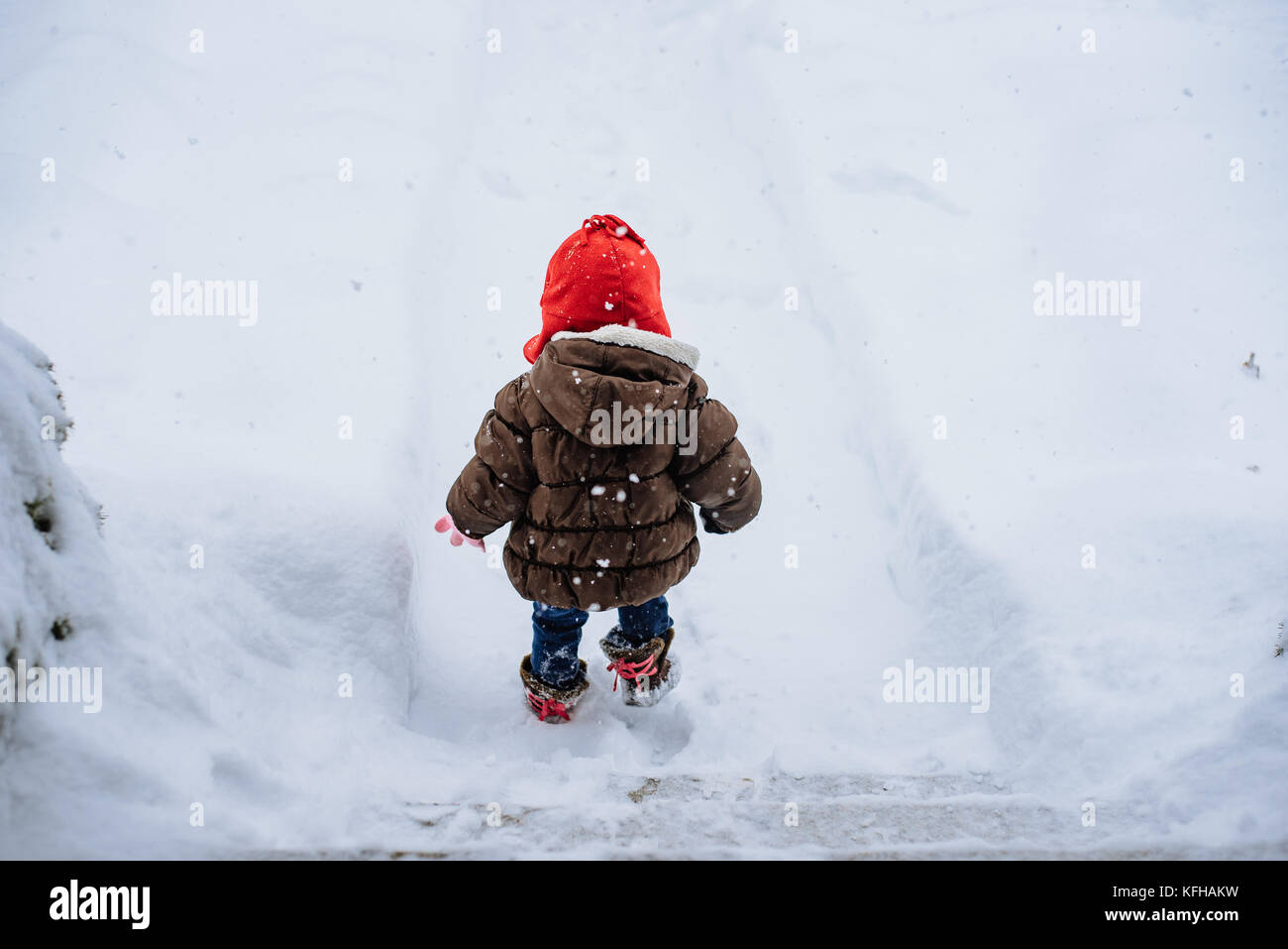 2-3 year old standing in snow Stock Photo