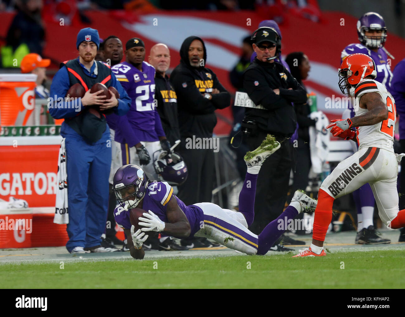 Minnesota Vikings' Stefon Diggs dives to catch the ball during the International Series NFL match at Twickenham, London. Stock Photo