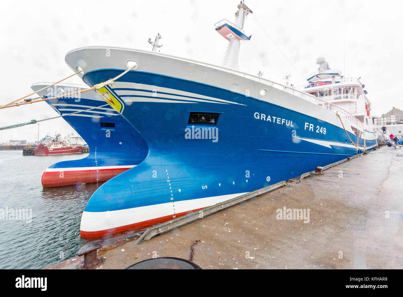 A pair of modern pelagic fishing vessels in the harbour at Fraserburgh, Aberdeenshire, Scotland, UK Stock Photo