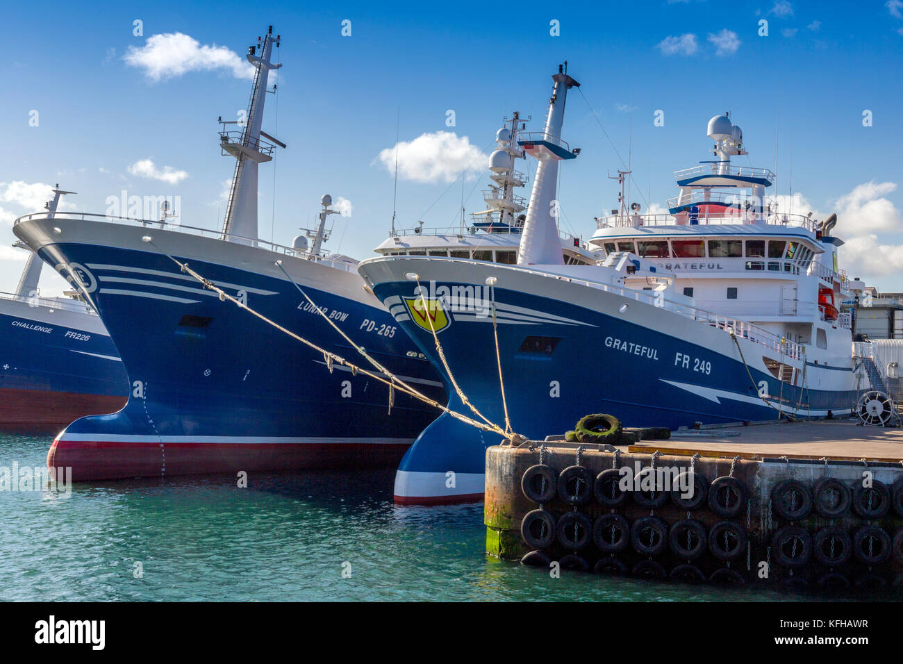 Large pelagic fishing vessels in the harbour at Fraserburgh, Aberdeenshire, Scotland, UK Stock Photo