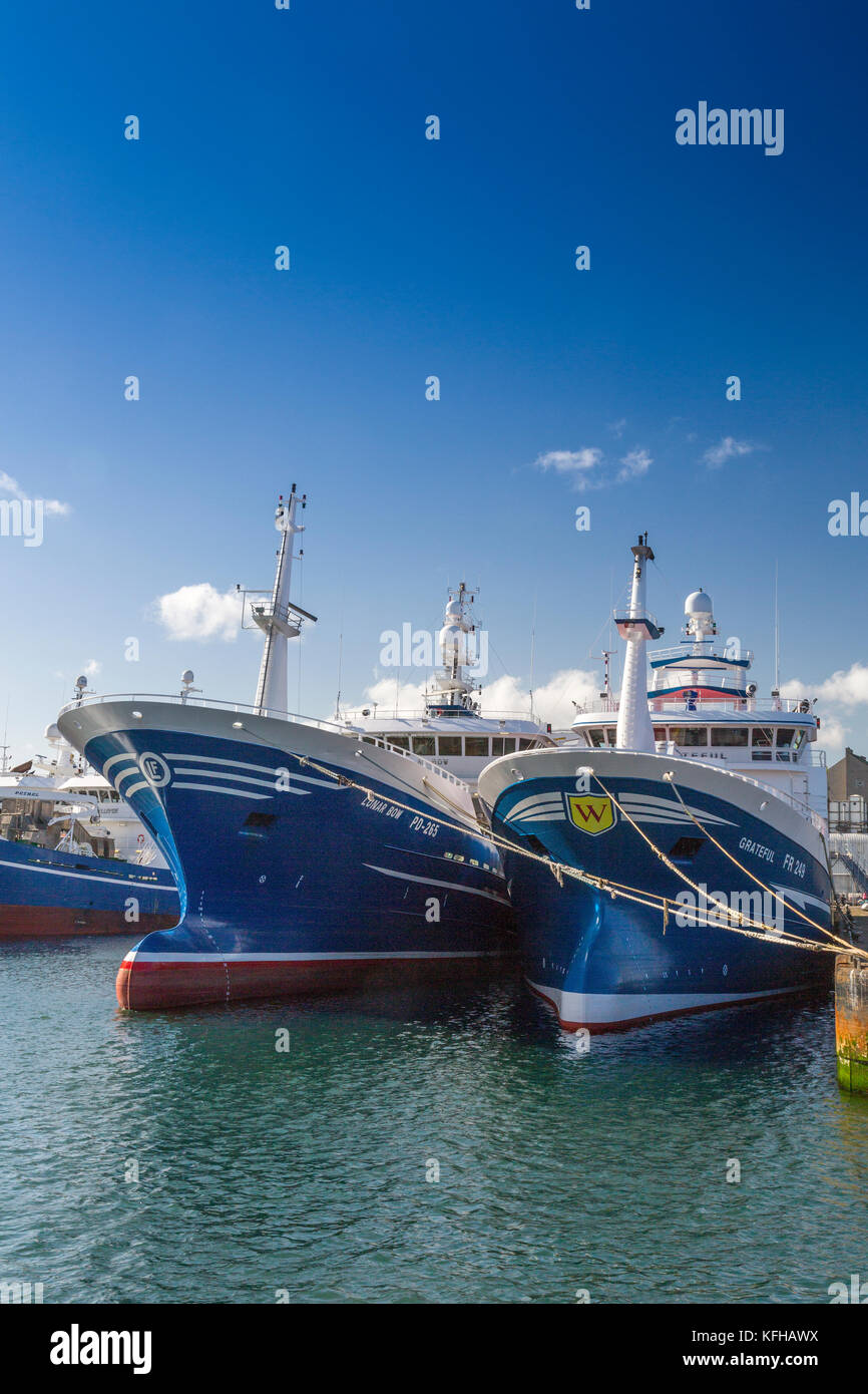 Large pelagic fishing vessels in the harbour at Fraserburgh, Aberdeenshire, Scotland, UK Stock Photo