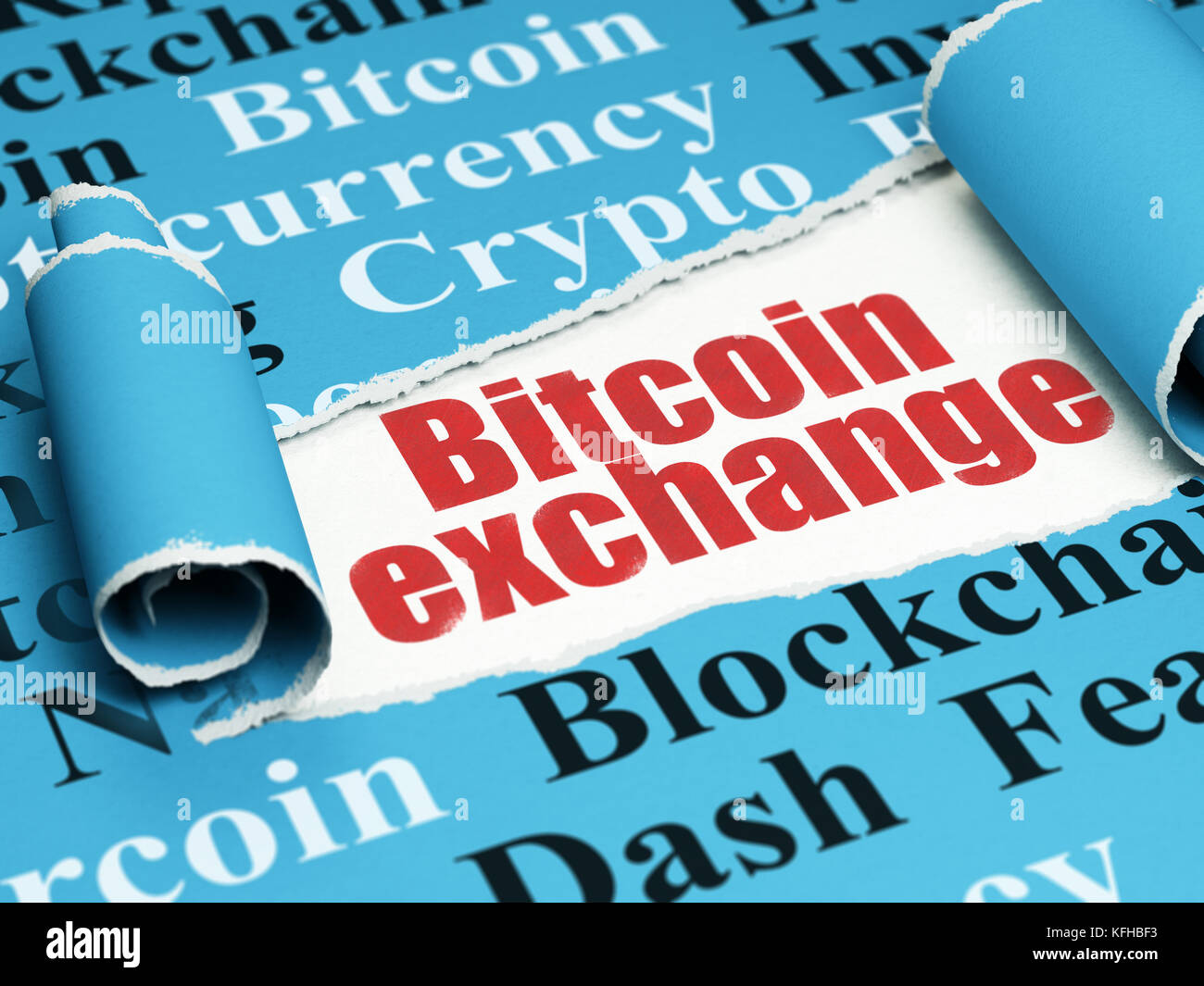 Blockchain concept: red text Bitcoin Exchange under the piece of torn ...