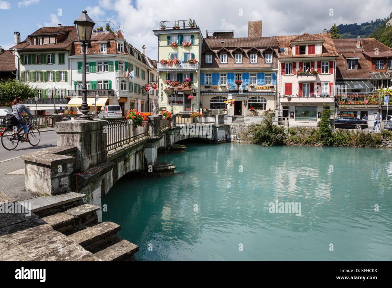 The old town from the bridge over the River Aare, Unterseen, Interlaken, Switzerland Stock Photo