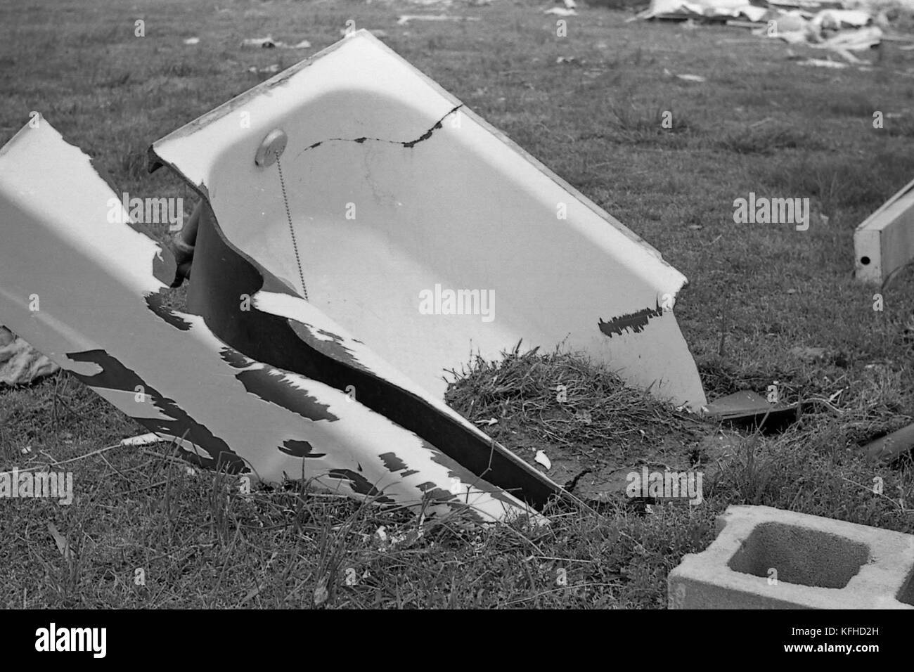 Bathtub from a residence deeply embedded into the ground in Harvest, AL after an F5 tornado on April 3, 1974. Stock Photo