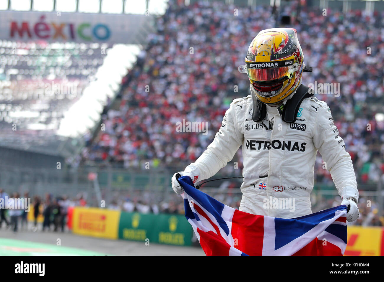 Mercedes' Lewis Hamilton celebrates winning the Formula One drivers' championship during the Mexican Grand Prix at the Autodromo Hermanos Rodriguez, Mexico City. Stock Photo