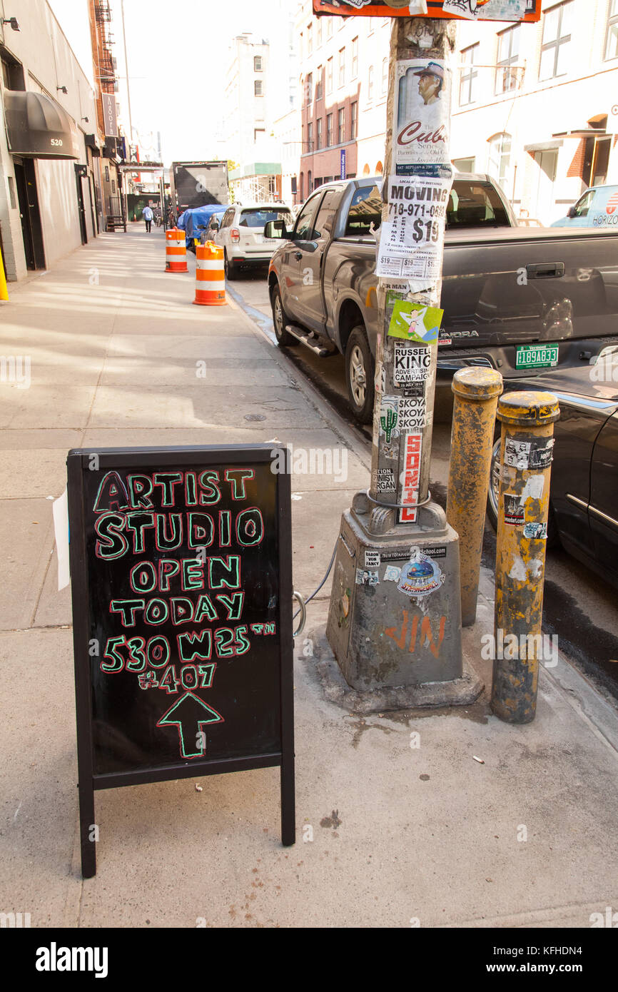 Artist open studio sign covered, West 25th Street, Chelsea, New York City, United States of America. Stock Photo