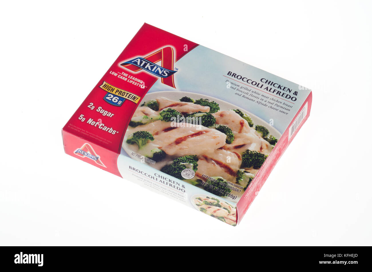 Atkins Diet Chicken & Broccoli Alfredo frozen tv dinner on white background Stock Photo