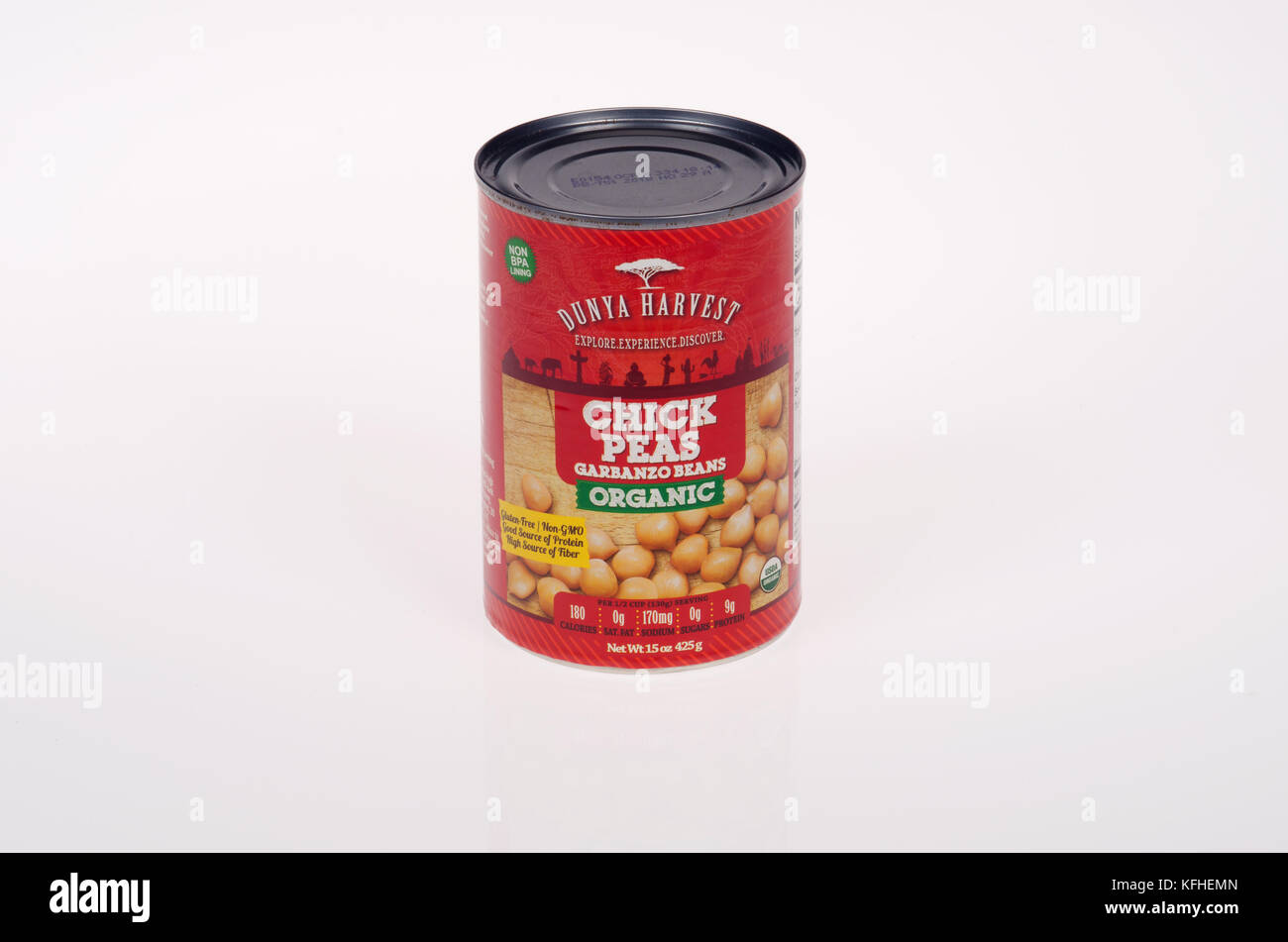 Can of organic chick peas also called garbanzo beans by Dunya Harvest Stock Photo