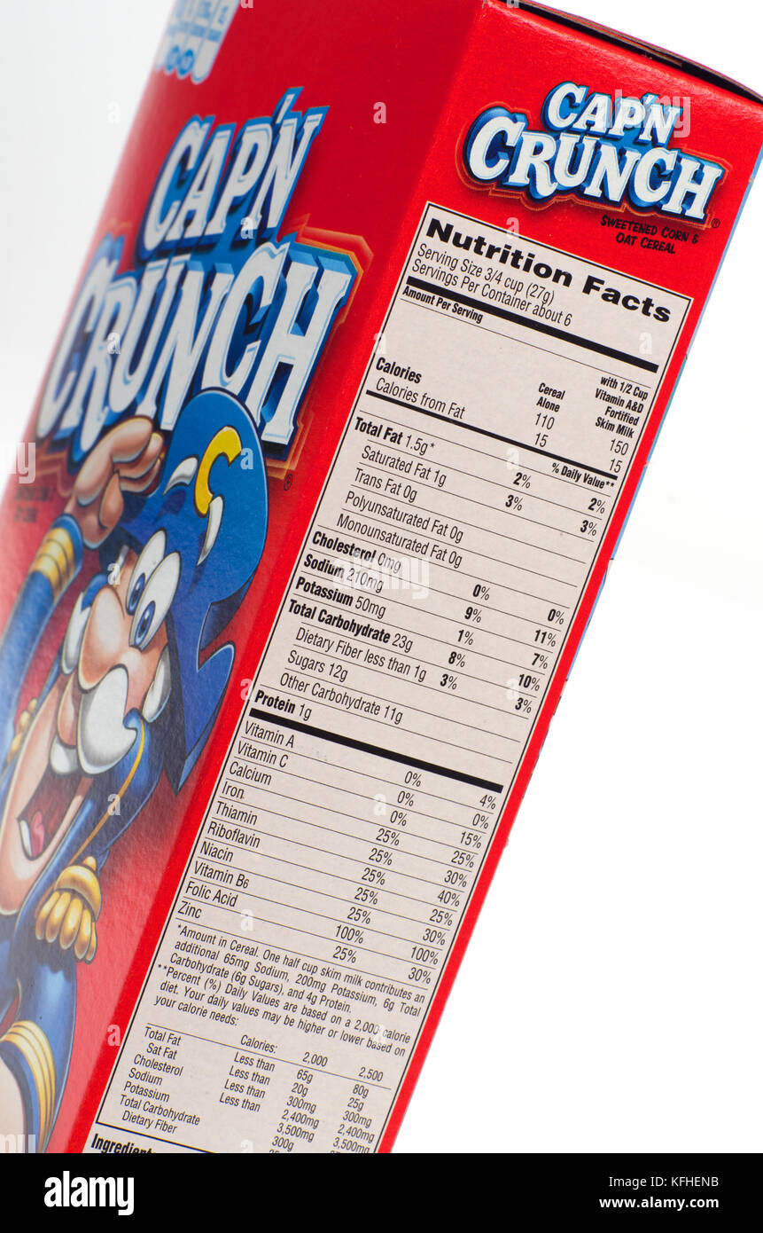 Nutrition Facts label on Capâ€™n Crunch cereal box by Quaker Oats Stock