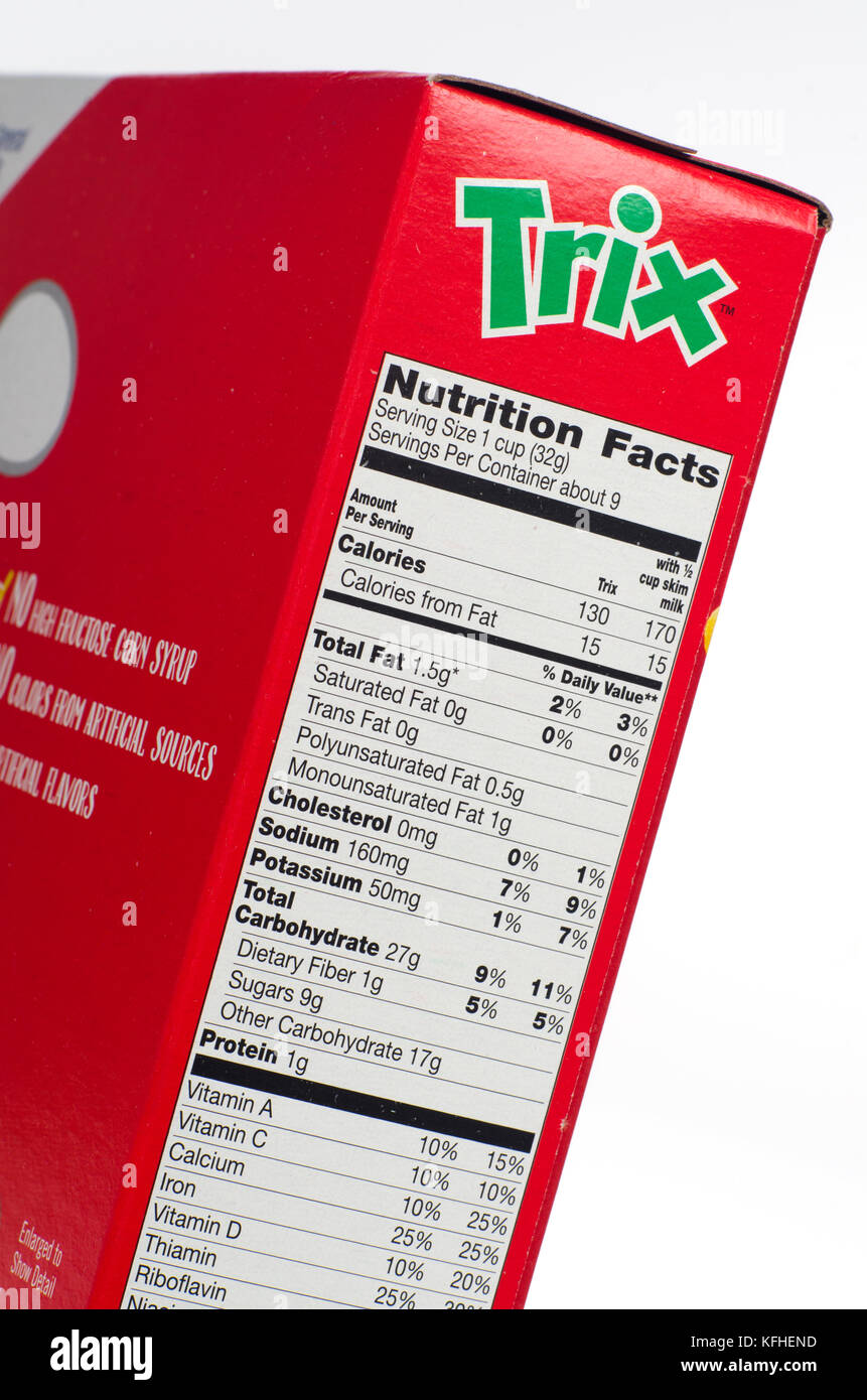Nutrition facts information label on Trix cereal box Stock Photo