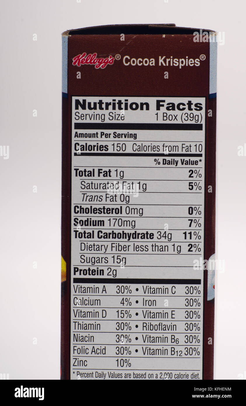 Kellogg's Cocoa Krispies cereal nutrition label Stock Photo - Alamy