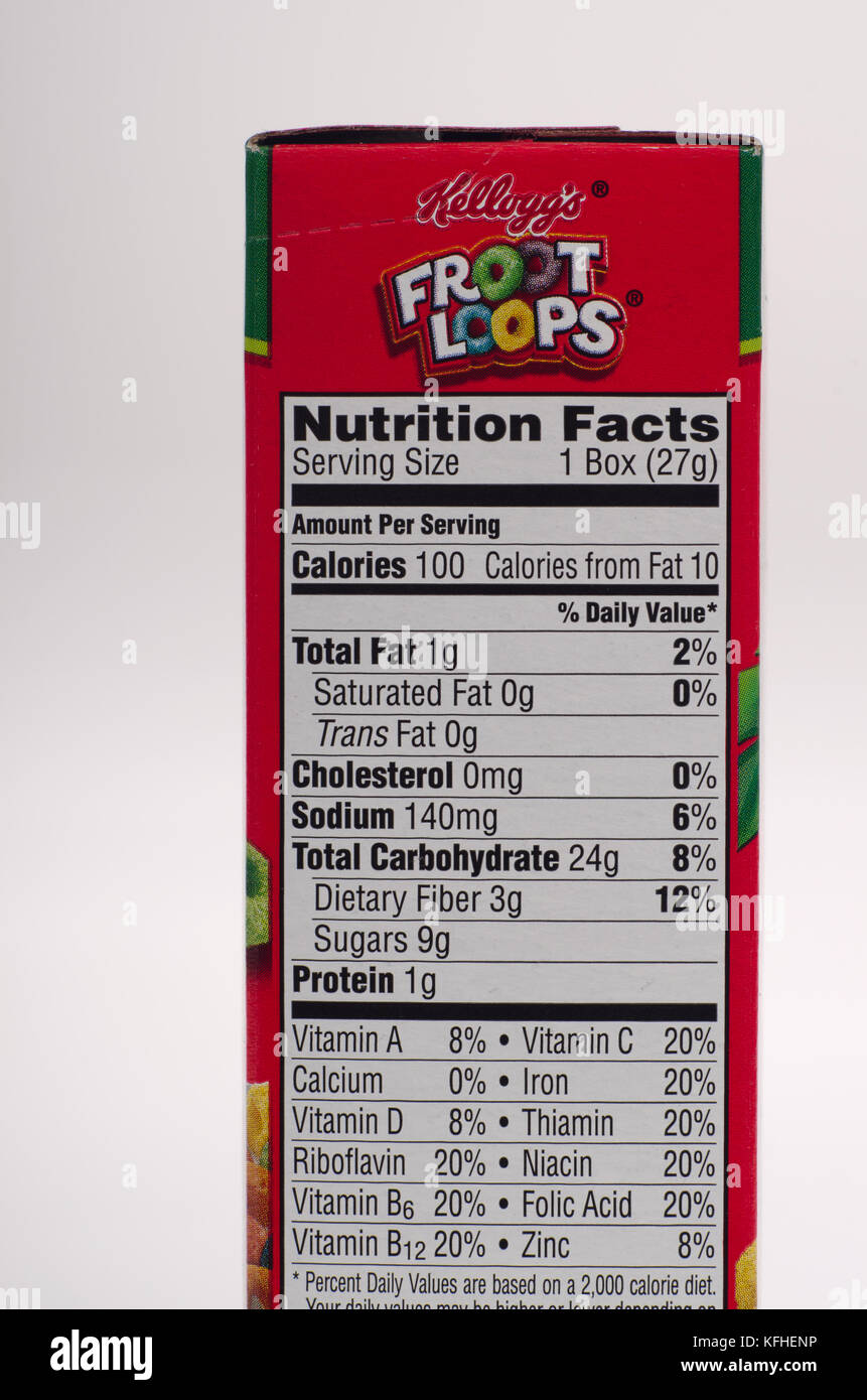 Nutrition Facts label for Kellogg’s Froot Loops cereal Stock Photo