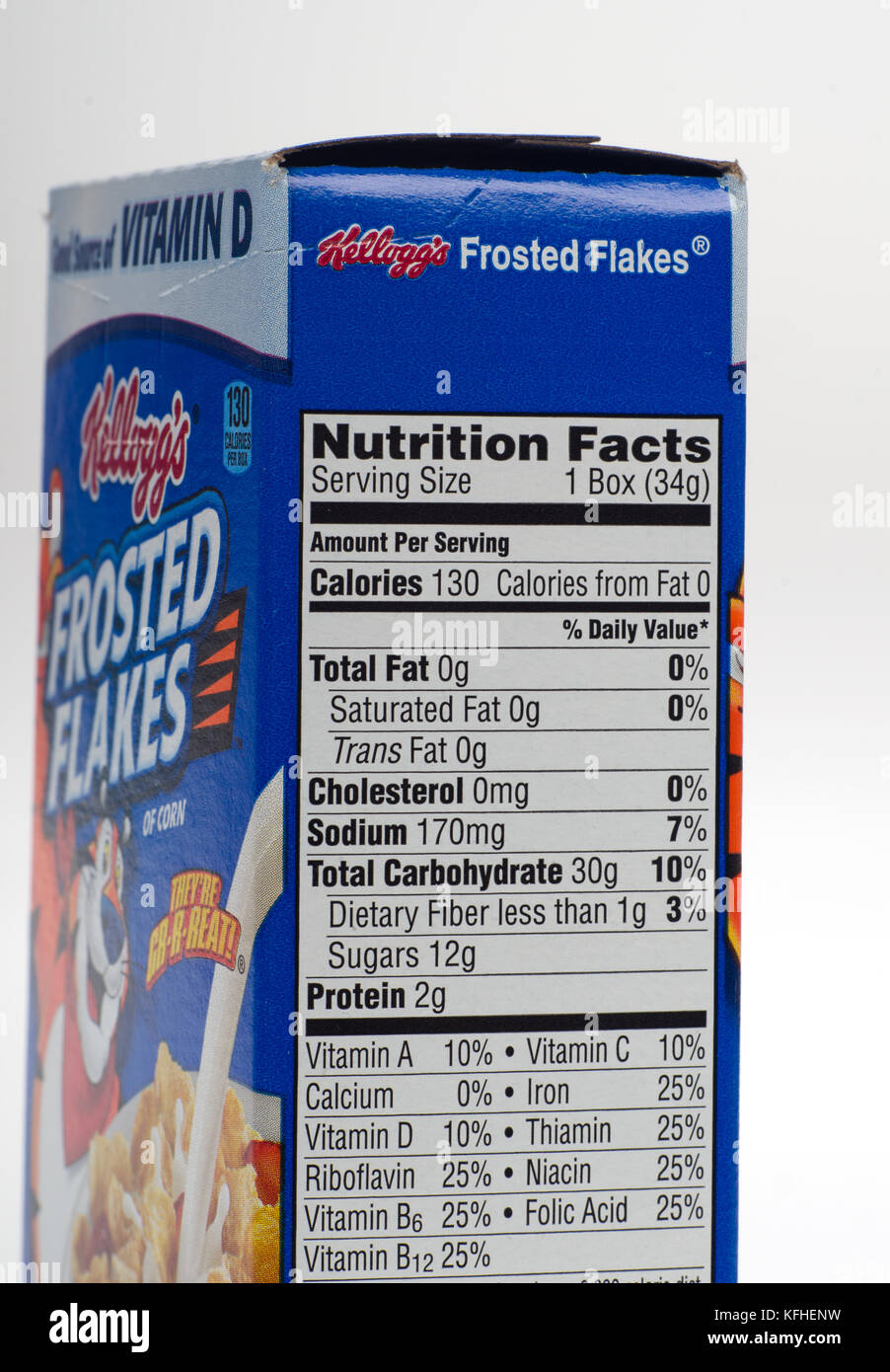 Nutrition facts label for Kellogg’s Frosted Flakes cereal close up detail Stock Photo