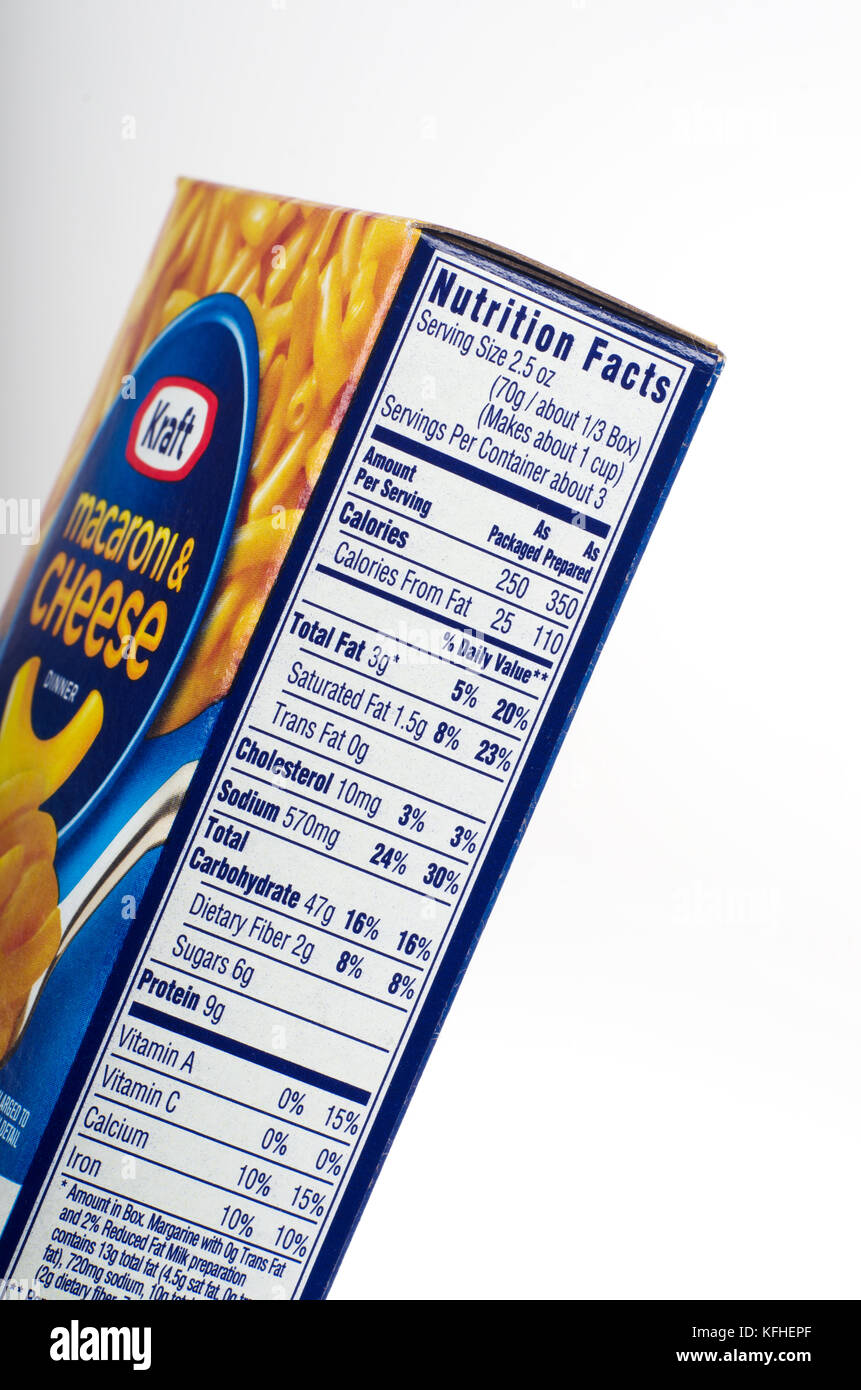 Nutrition information on box of  Kraft Macaroni & Cheese USA Stock Photo