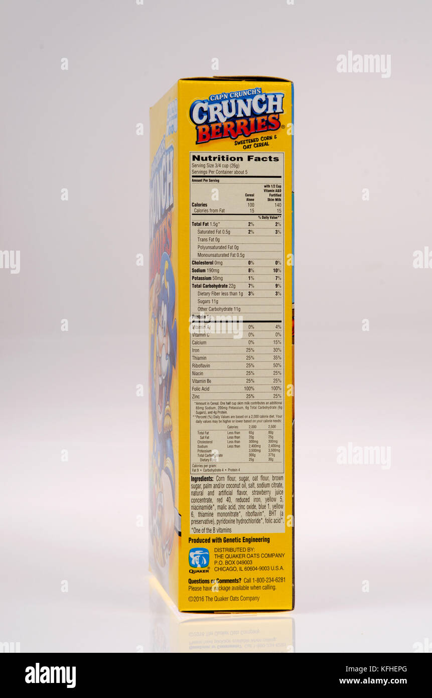Nutrition facts on box of Cap’n Crunch’s Crunch Berries cereal cutout, USA Stock Photo