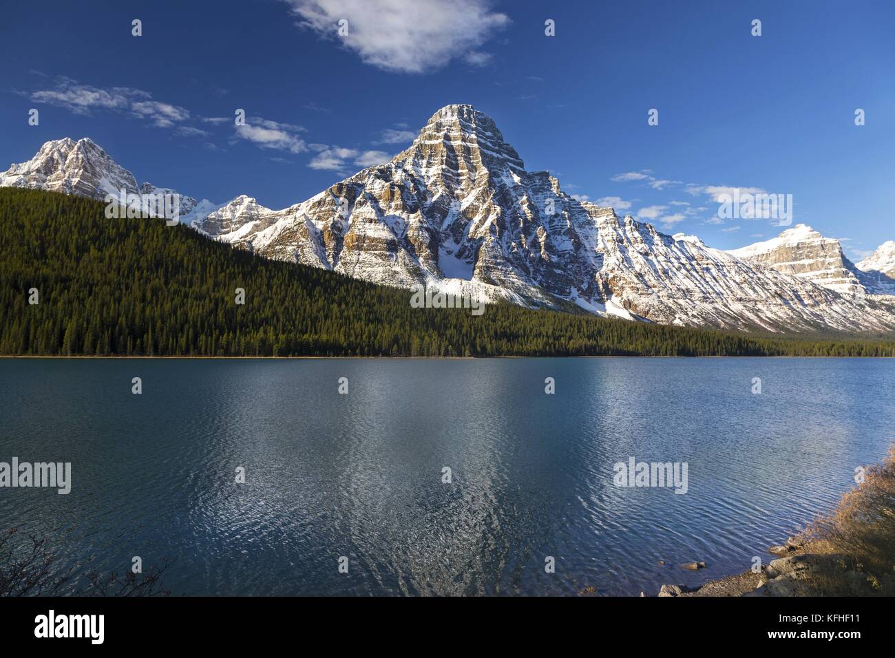Snowcapped Mountain Chephren reflected in Waterfowl Lakes on Icefields Parkway in Banff National Park Canadian Rockies Stock Photo