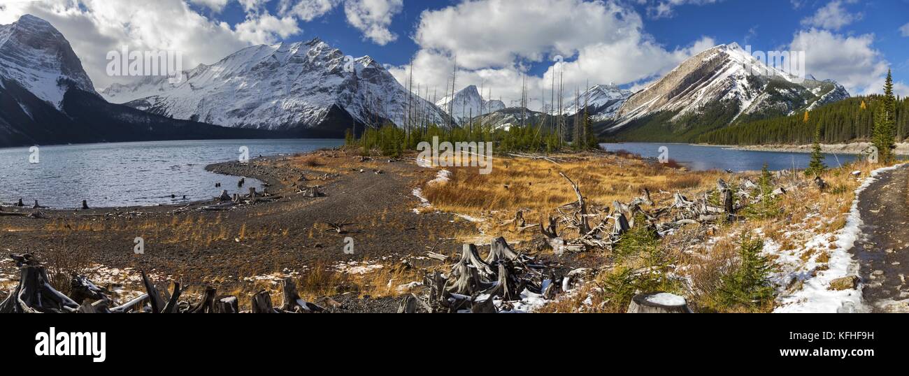Panoramic Landscape of Distant Snowcapped Mountains on hiking trail at upper Kananaskis Lake near Banff National Park Rocky Mountains Alberta Canada Stock Photo