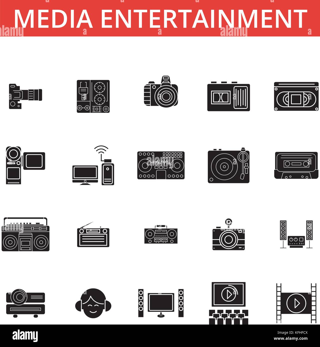 Media entertainment illustration, thin line icons, linear flat signs ...