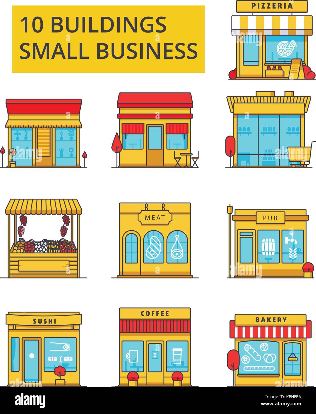 Small business buildings illustration, thin line icons, linear flat signs, vector symbols, outline pictograms set, editable strokes Stock Vector