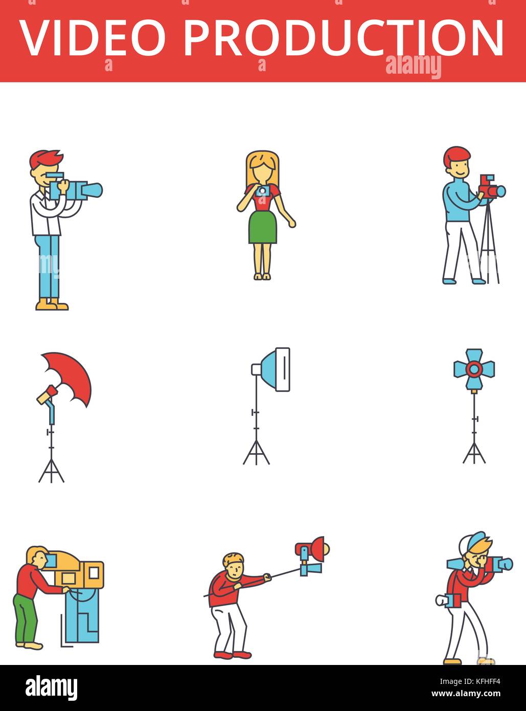 Video production illustration, thin line icons, linear flat signs ...