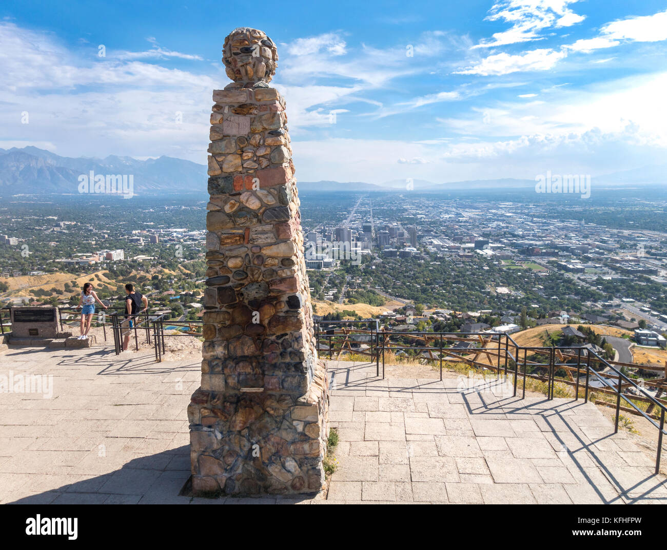 Salt Lake City Ensign Peak scenic overlook. Young couple at Ensign Peak vista point overlooking SLC Stock Photo