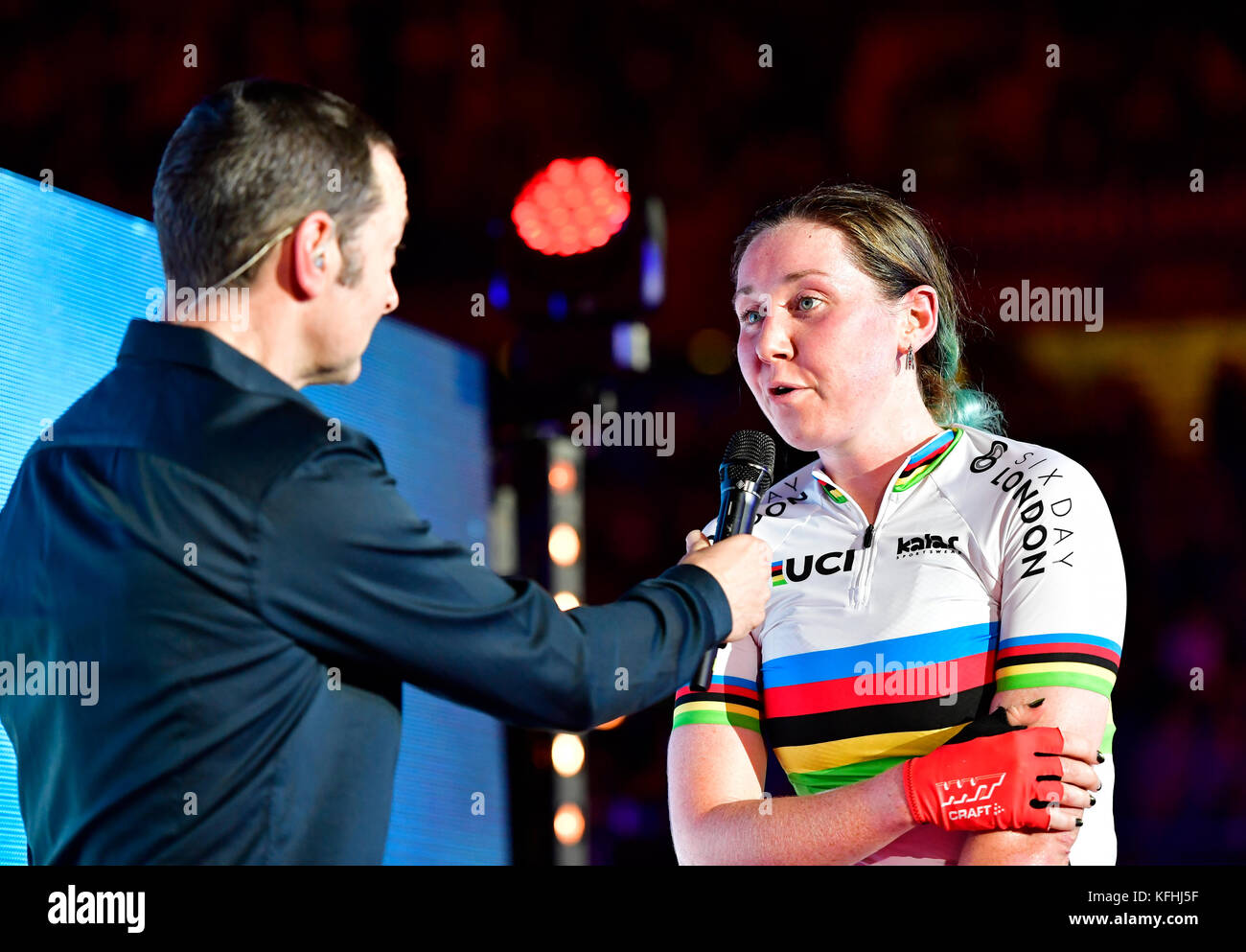 London, UK. 28th Oct, 2017. Rebecca Raybould (GBR) at Presentation after winning Women's Elimination Race (UCI Omnium) during Six Day London - day 5 event on Saturday, 28 October 2017, London England. Credit: Taka Wu/Alamy Live News Stock Photo