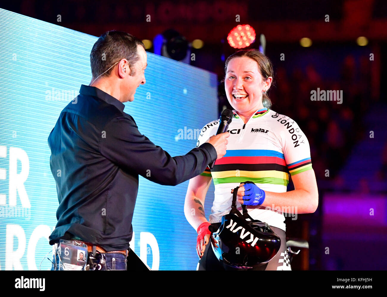 London, UK. 28th Oct, 2017. Rebecca Raybould (GBR) at Presentation after winning Women's Elimination Race (UCI Omnium) during Six Day London - day 5 event on Saturday, 28 October 2017, London England. Credit: Taka Wu/Alamy Live News Stock Photo