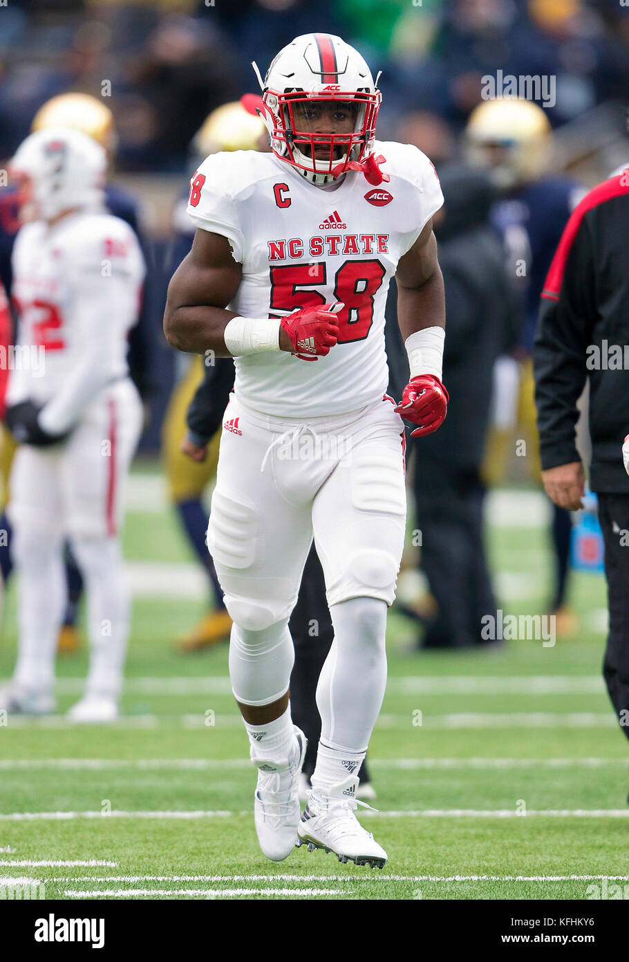 October 28, 2017: North Carolina State linebacker Airius Moore (58) during  NCAA football game action between the North Carolina State Wolfpack and the  Notre Dame Fighting Irish at Notre Dame Stadium in