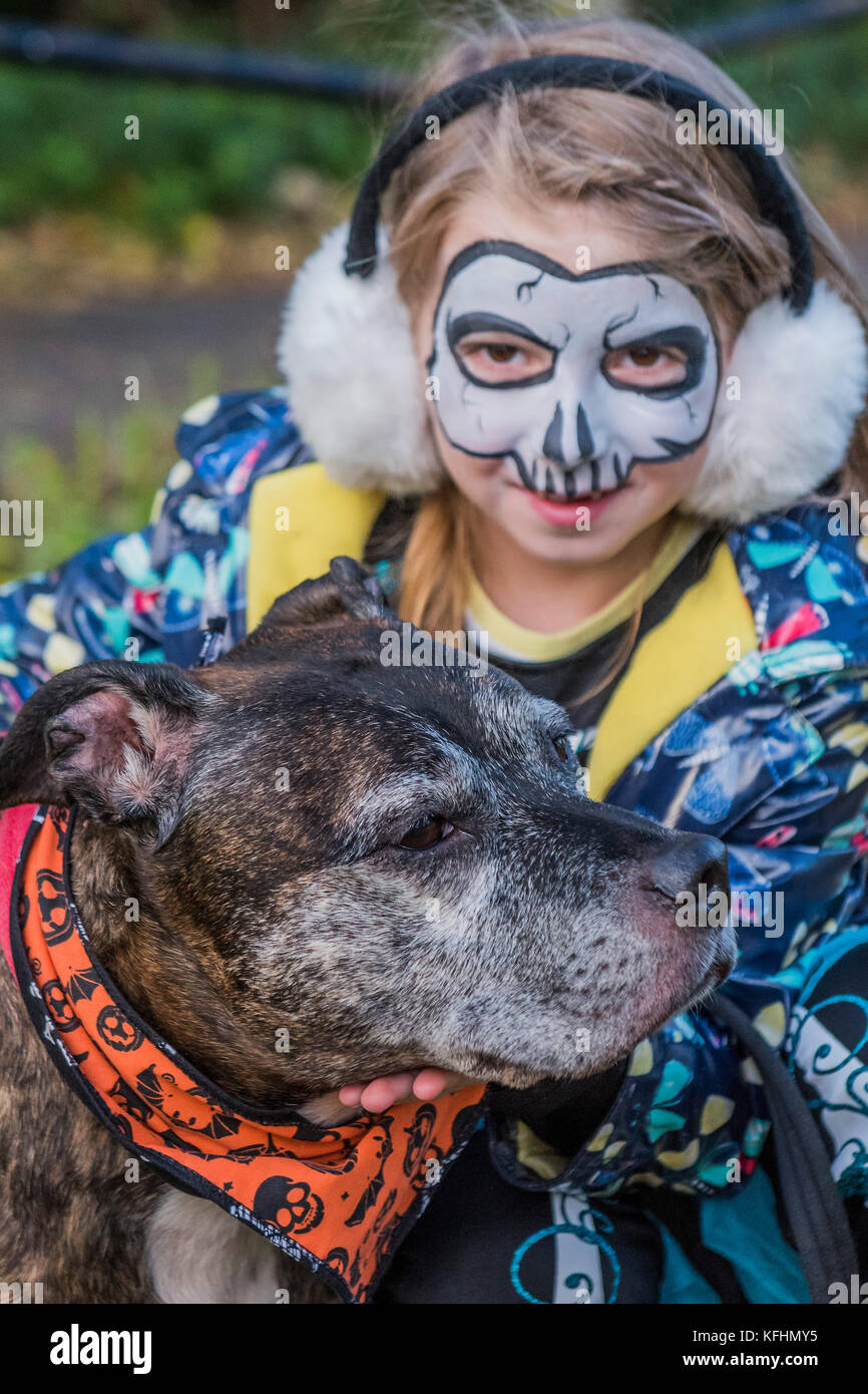 Hampstead Heath, London, UK. 29th Oct, 2017. Robin a Staffi, with Sophia - The walk on Hampstead Heath - A charity Halloween dog walk and Fancy Dress Show organised by All Dogs Matter at the Spaniards Inn, Hampstead. London 29 Oct 2017. Credit: Guy Bell/Alamy Live News Stock Photo