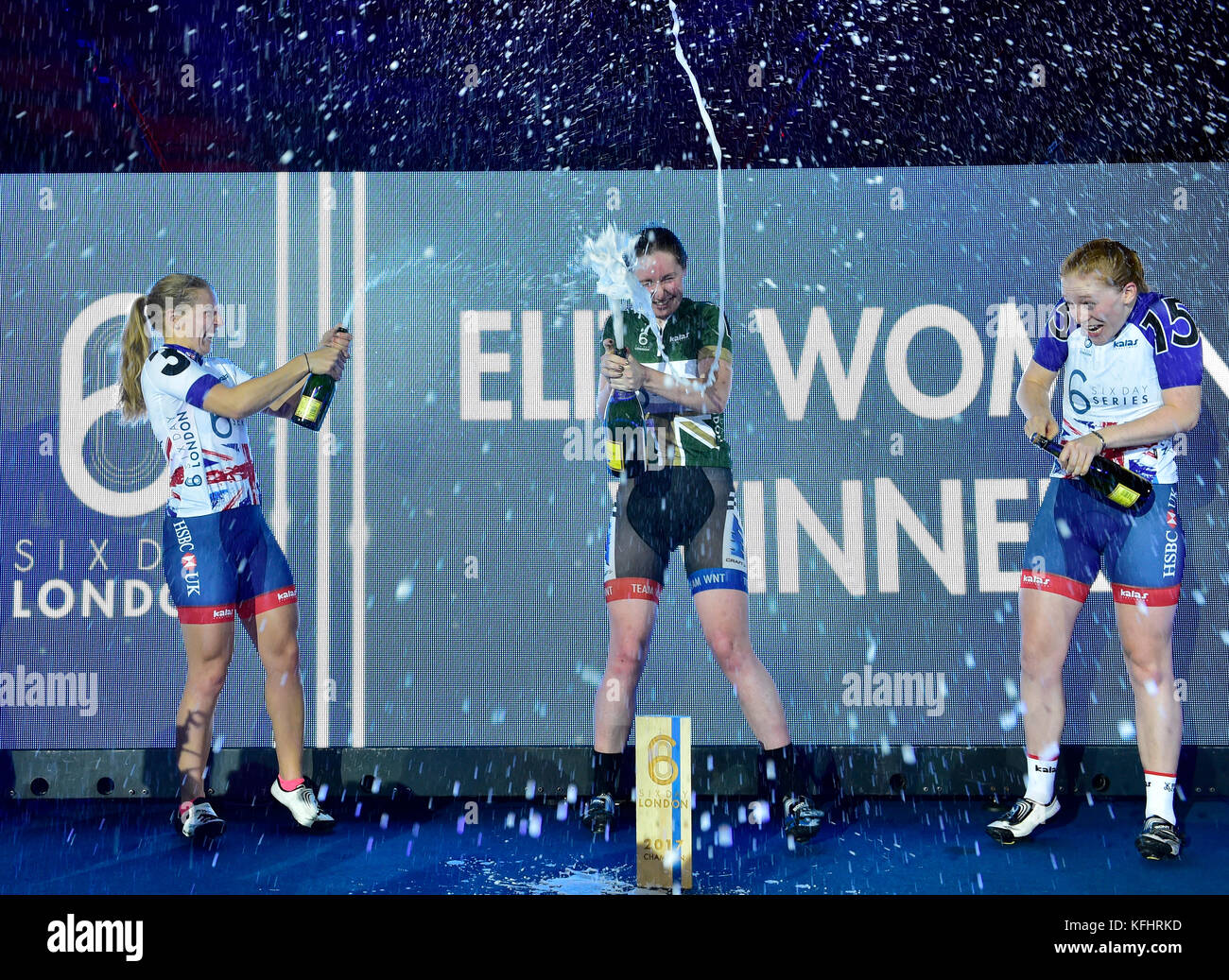 London, UK. 29th Oct, 2017. Rebecca Raybould (GBR), Neah Evans (GBR) and Emily Nelson (GBR) at the Women's Winner Presentation  during Six Day London on Day 6 event on Sunday, 29 October 2017, London England. Credit: Taka Wu/Alamy Live News Stock Photo