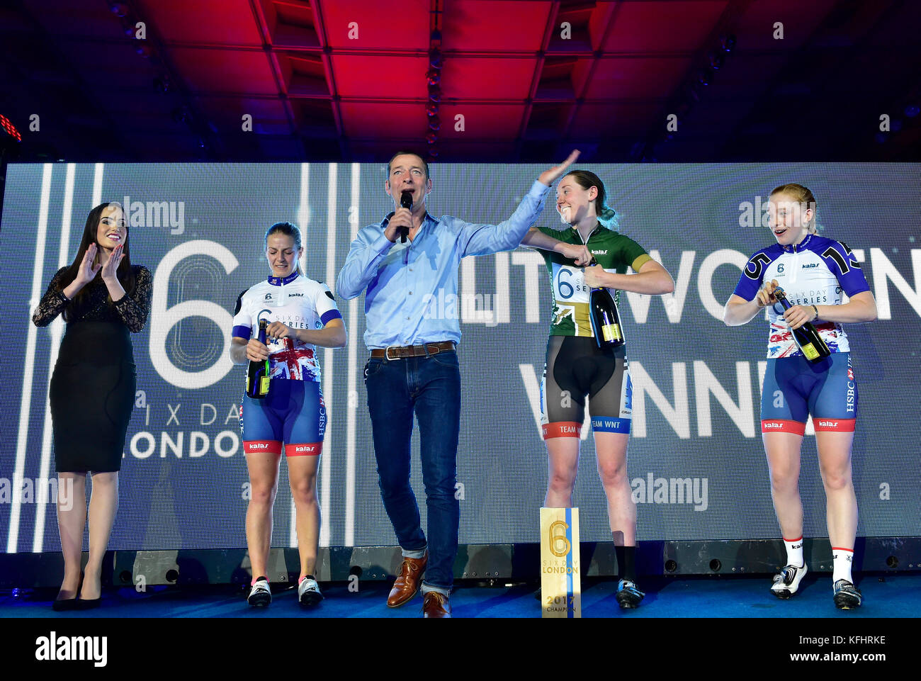 London, UK. 29th Oct, 2017. Rebecca Raybould (GBR), Neah Evans (GBR) and Emily Nelson (GBR) at the Women's Winner Presentation  during Six Day London on Day 6 event on Sunday, 29 October 2017, London England. Credit: Taka Wu/Alamy Live News Stock Photo