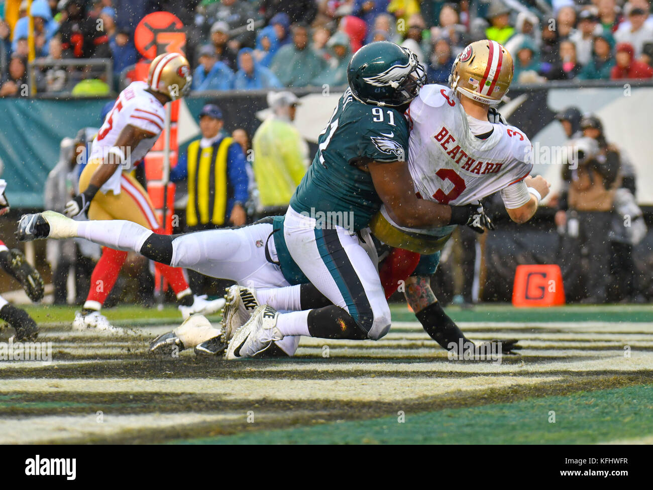 Oct 29, 2017: 49ers quarterback C.J. Beathard (3) is hit by the Eagles Fletcher Cox (91) as he releases a pass during a game at Lincoln Financial Field in Philadelphia, Pennsylvania. Gregory Vasil/Cal Sport Media Stock Photo