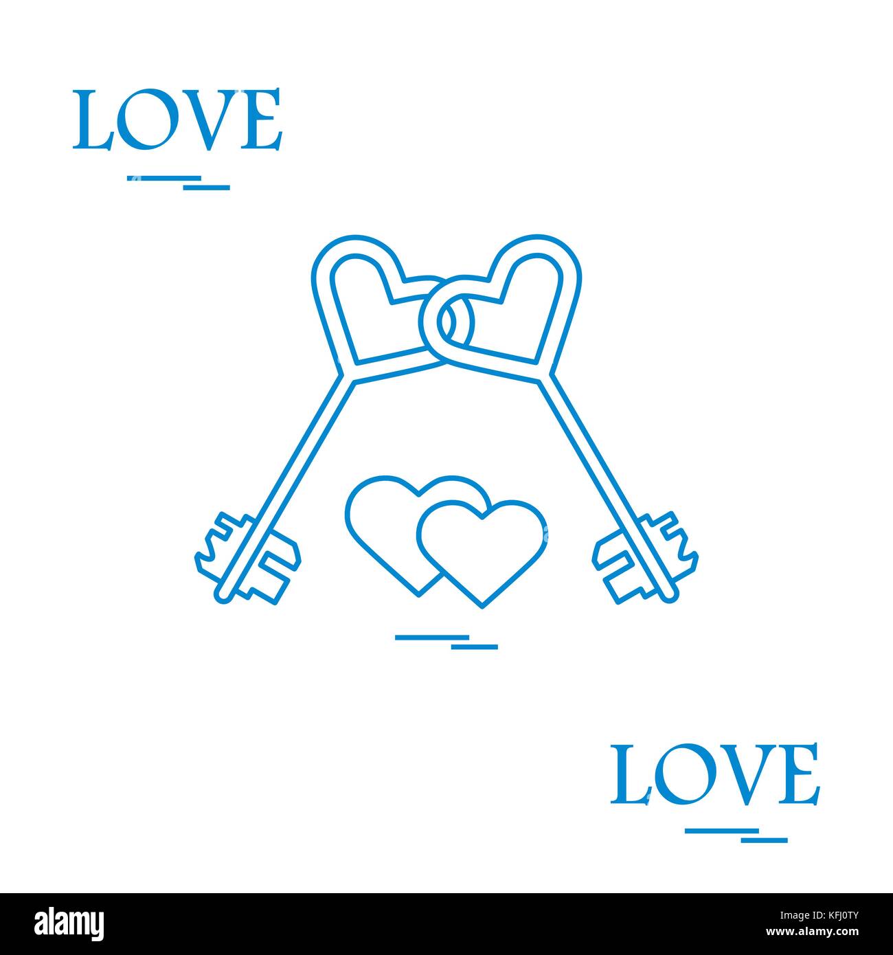 Cute vector illustration of love symbols heart key icon and two hearts